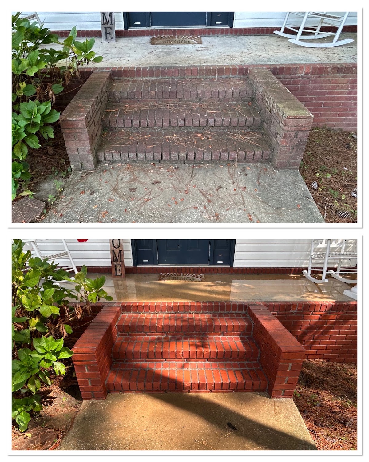 Brick front steps before and after pressure washing